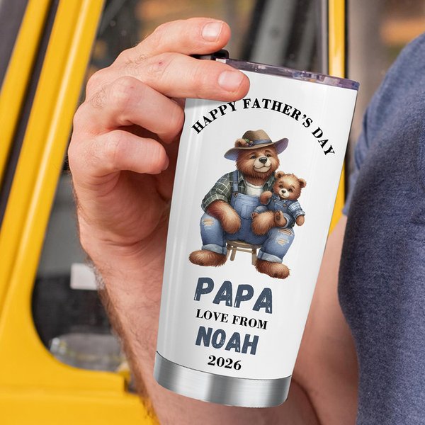 Personalised Family Bear Happy 1st Father's Day 20 oz Tumbler with Name Straw and Brush Father's Day Gift for Dad Grandpa