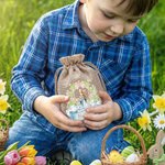 Personalized Cute Bunny Floral Wreath Ribbon Jute Drawstring Gift Bag with Name Easter Hunting Party Gift for Boys Girls