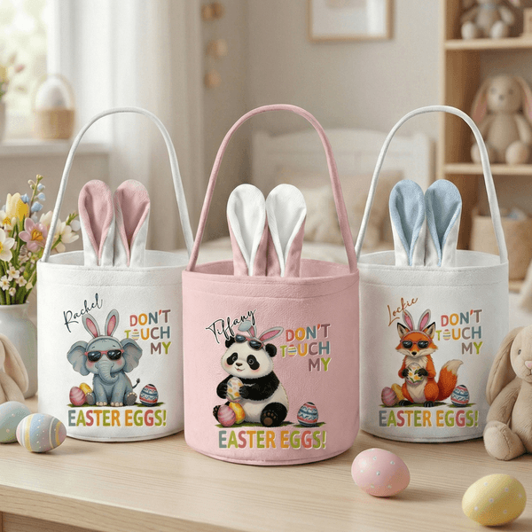 Personalised Cartoon Animal Don't Touch My Easter Eggs Bucket Basket with Name Bunny Ears and Tail Easter Egg Hunting Easter Party Gift for Kids