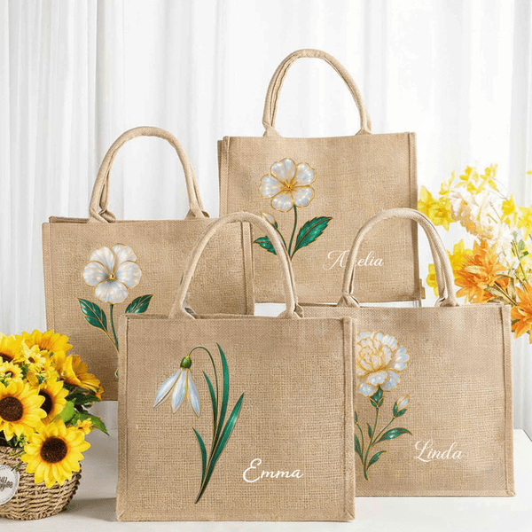 Personalized Pearl Effect Birth Flower Large Jute Tote Bag with Name Travel Essential Birthday Anniversary Gift for Women