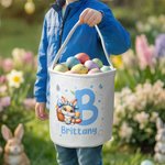 Personalized Cute Bunny Flower Canvas Easter Basket with Name and Initial Egg Hunting Accessories Easter Gift for Boys Girls