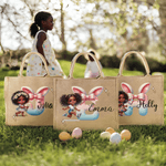 Personalised Cartoon Black Girl Character Large Capacity Jute Tote Bag with Initial and Name Daily Use Easter Gift for Black Girl