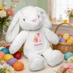 Personalized Cute Watercolour Cartoon Rabbit Flower Easter Bunny Plush Stuffed Animal Toy with Initial Name and Date Easter Birthday Gift for Kids