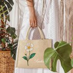 Personnalisé Effet Perle Fleur de naissance Grand sac en toile de jute avec nom Voyage Essentiel Anniversaire Cadeau pour femmes