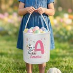 Personalized Cute Bunny Flower Canvas Easter Basket with Name and Initial Egg Hunting Accessories Easter Gift for Boys Girls