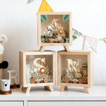 Hucha de madera personalizada con nombre e inicial diseño de animales del bosque regalo de vuelta al cole y cumpleaños para niños