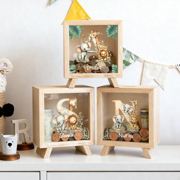Hucha de madera personalizada con nombre e inicial diseño de animales del bosque regalo de vuelta al cole y cumpleaños para niños