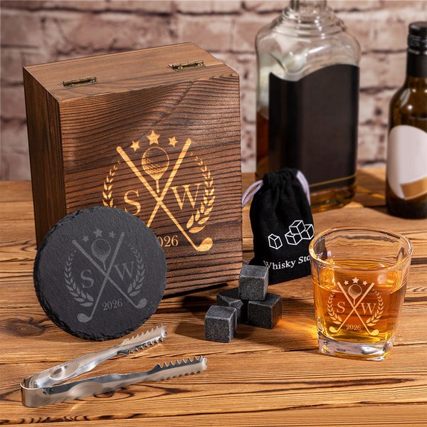 Henkilökohtainen kaiverrettu Golf Initial Name Old Fashioned Whiskey lasit puinen laatikko asetettu kivet ja liuskekivi Coaster syntymäpäivä häät lahja miehille