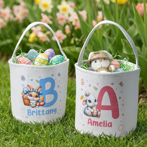 Personalized Cute Bunny Flower Canvas Easter Basket with Name and Initial Egg Hunting Accessories Easter Gift for Boys Girls