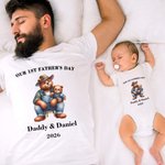 Personalized Cute Daddy Bear and Baby Bear 100% Cotton Baby Bodysuit T-shirt with Name and Year Our 1st Father's Day Gift for Baby Dad