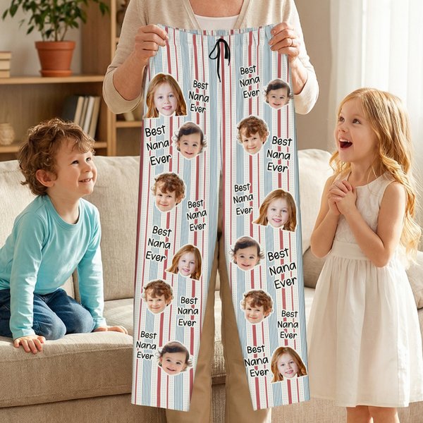 Personalized Stripe 1-4 Photos Drawstring Long Pajama Pants with Name Mother's Day Birthday Gift for Women Men Kids
