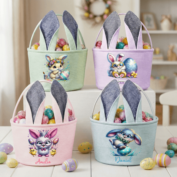 Personalised Cute Cartoon Bunny Easter Egg Rabbit Ears Striped Easter Basket with Name Easter Party Gift for Boys Girls