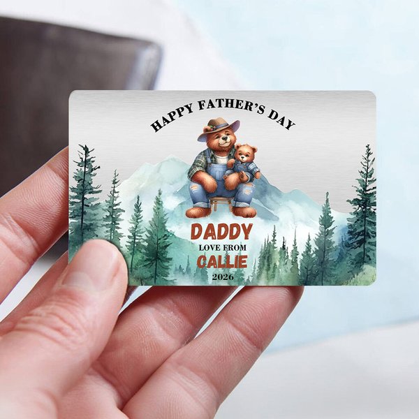 Personalized Cute Cartoon Hugging Bear Sitting with Mountain View Wallet Card with Names and Title Happy Father's Day Birthday Gift for Dad Grandpa