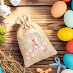 Personalized Cute Bunny Floral Wreath Ribbon Jute Drawstring Gift Bag with Name Easter Hunting Party Gift for Boys Girls