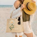 Personnalisé Effet Perle Fleur de naissance Grand sac en toile de jute avec nom Voyage Essentiel Anniversaire Cadeau pour femmes
