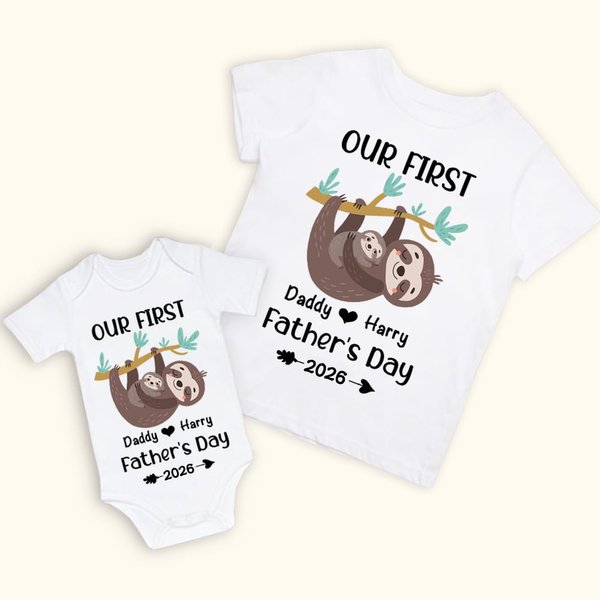 Gepersonaliseerd luiaard Vader en Zoon Onze eerste Vaderdag Samen Shirt Ouder Kind Outfit Vaderdag Cadeau Baby Shower Gift