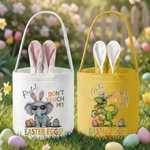 Personalised Cartoon Animal Don't Touch My Easter Eggs Bucket Basket with Name Bunny Ears and Tail Easter Egg Hunting Easter Party Gift for Kids