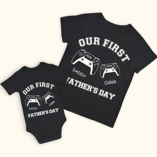 Personalisierte Spielkonsole Set Matching Dad und Baby-Shirt Unser erster Vatertag Tägliche Casual Wear Geschenk für Vater New Dad
