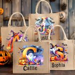 Personalized Ghost Pumpkin Initial Jute Tote Bag with Name Trick or Treat Activity Halloween Gift for Boys Girls