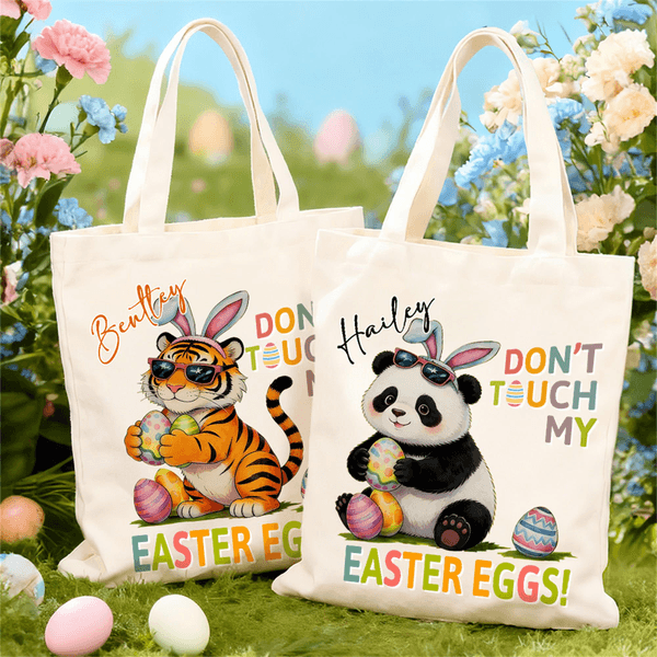 Personalized Don't Touch My Easter Eggs Animal Reusable Canvas Bag with Name Daily Use Easter Gift for Kids Women