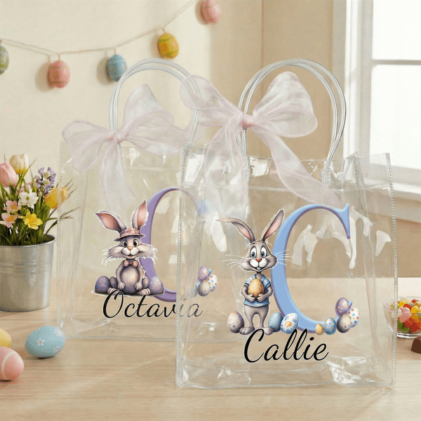 Personalized Cute Easter Bunny Clear Gift Bag with Name and Initial Easter Party Favors Gift for Kids