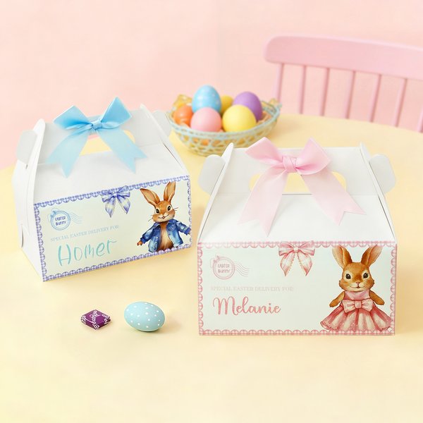 Personalised Cute Easter Bunny Bow Gift Box with Handle and Name 2 Pcs Easter Party Gift for Kids