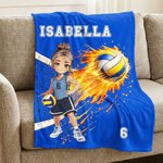 Personalised Volleyball Cartoon Character Soft Throw Blanket with Name and Number Birthday Game Day Gift for Volleyball Players