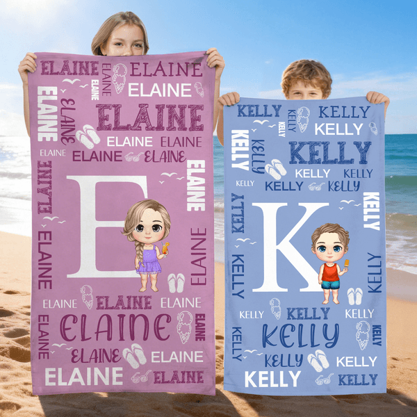 Asciugamano da spiaggia sovradimensionato personalizzato con nome, iniziale di un personaggio dei cartoni animati per bambini, regalo di compleanno per la festa in spiaggia.