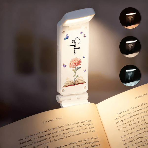 Personalized Birth Flower Butterfly LED Rechargeable Light Clip with Name Reading Accessories Birthday Gift for Book Lovers Friends