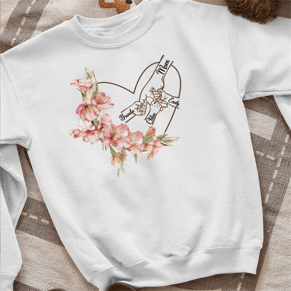 Personalized Mom and Kids Hands Heart Birth Flower Multicolor Sweatshirt Hoodie with Names Mother's Day Memorial Day Gift for Mom Grandma