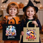 Personalized Ghost Pumpkin Initial Jute Tote Bag with Name Trick or Treat Activity Halloween Gift for Boys Girls