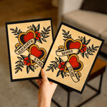 Personalized American Traditional Hearts Tattoo Flash Art Print with Name Birthday Anniversary Gift for Couples