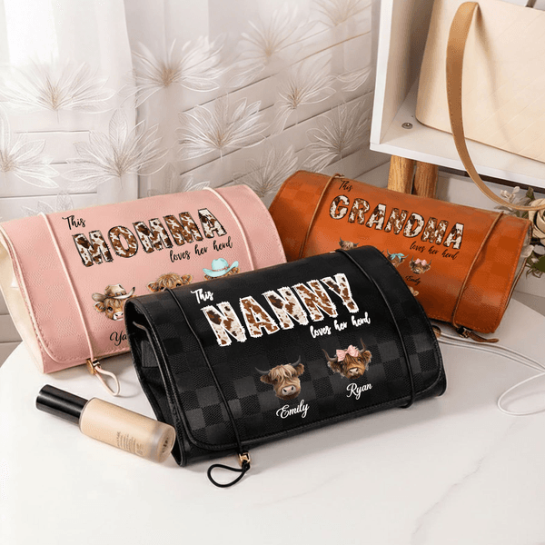 Borsa per il trucco personalizzata impermeabile in pelle PU di mucca Highland con 1-8 nomi e titoli, essenziale per i viaggi Regalo per la festa della mamma per la nonna