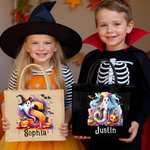 Personalized Ghost Pumpkin Initial Jute Tote Bag with Name Trick or Treat Activity Halloween Gift for Boys Girls