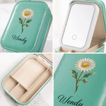 Personalized Birth Flower PU Leather Jewelry Box with Name and LED Three-Color Makeup Mirror Travel Use Birthday Gift for Friend  Mom