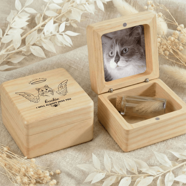 Personalised Angel Halo Photo Pet Fur Keepsake Bottle Wooden Magnetic Box Set with Name and Text Pet Loss Memorial Gift for Pet Owners
