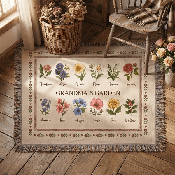 Personalized Retro Birth Flower Grandma's Garden Tassel Soft Throw Blanket with Names and Title Mother's Day Birthday Gift for Grandma Family