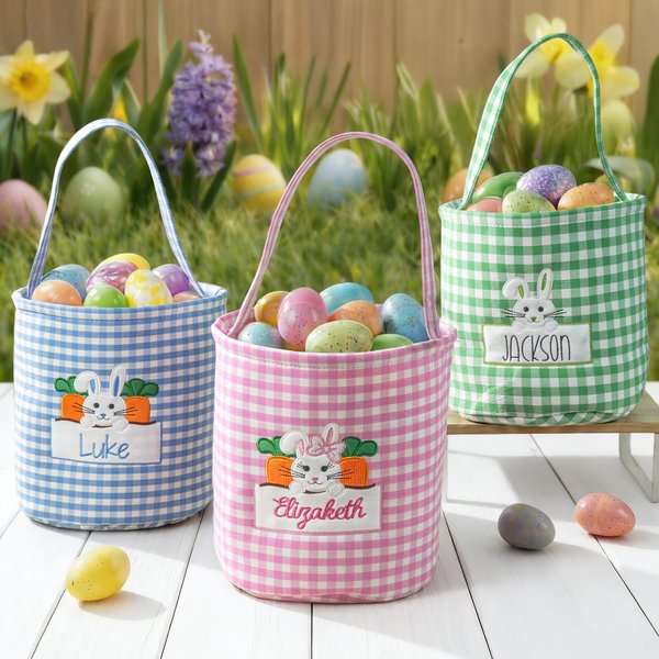 Personalizada lindo conejo de Pascua Zanahoria Plaid cesta con el nombre bordado Huevos de caza Fiesta Favor Pascua Regalo para Niños Niñas