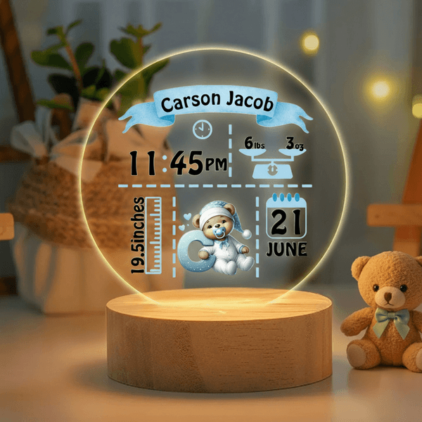 Veilleuse LED personnalisée avec nom et socle en bois Décoration de chambre d'enfant Cadeau d'anniversaire pour nouveau-né