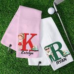 Personalised Cartoon Character Absorbent Waffle Golf Towel with Name and Initial Hanging Clip Sports Accessories Birthday Gift for Golf Player