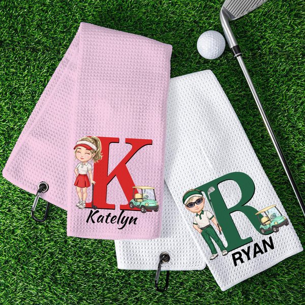 Personalised Cartoon Character Absorbent Waffle Golf Towel with Name and Initial Hanging Clip Sports Accessories Birthday Gift for Golf Player