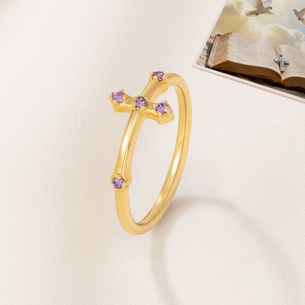 Personalised Dainty Cross Birthstone Sterling Silver Ring Christmas Birthday Baptism Gift for Christians Mothers