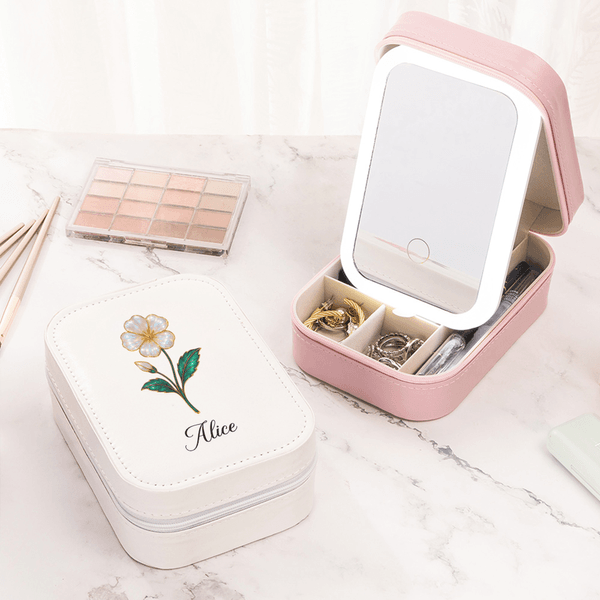 Personalized Birth Flower PU Leather Jewelry Box with Name and LED Three-Color Makeup Mirror Travel Use Birthday Gift for Friend  Mom