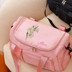 Personalized Pearl Effect Birth Flower Multi-Compartment Travel Bag with Name and Shoulder Strap Travel Essential Birthday Gift for Women Girls