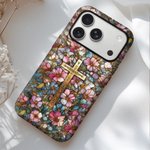 Gepersonaliseerd Kruis Bloemen Gebrandschilderd Glas Telefoonhoesje met Brief voor iPhone Samsung Verjaardagscadeau voor Vriendin Familie Vrouw