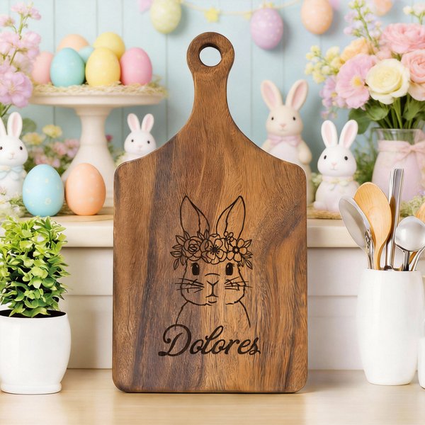 Planche à découper en bois élégamment gravée Lapin de Pâques avec poignée pour les doigts et nom Cadeau de pendaison de crémaillère pour couples et familles