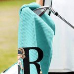 Personalised Cartoon Character Absorbent Waffle Golf Towel with Name and Initial Hanging Clip Sports Accessories Birthday Gift for Golf Player