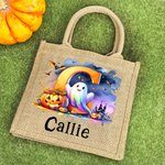Personalized Ghost Pumpkin Initial Jute Tote Bag with Name Trick or Treat Activity Halloween Gift for Boys Girls