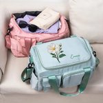 Personalized Pearl Effect Birth Flower Multi-Compartment Travel Bag with Name and Shoulder Strap Travel Essential Birthday Gift for Women Girls