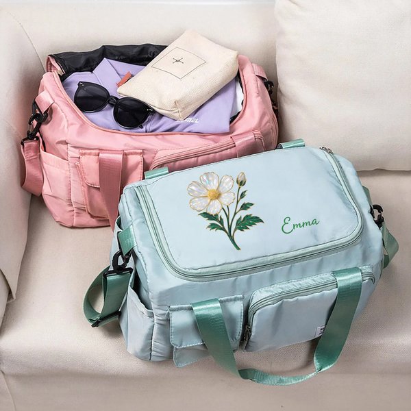 Personalized Pearl Effect Birth Flower Multi-Compartment Travel Bag with Name and Shoulder Strap Travel Essential Birthday Gift for Women Girls